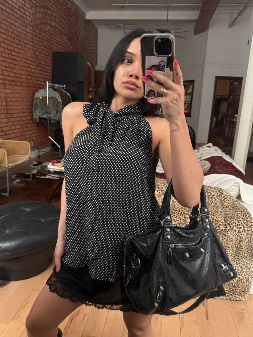 (SOLD)Silk Polka Dot Halter Top Black White Coquette Flowy (S)